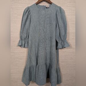 dRA LosAngeles Elbow Sleeve Blue Waffle Texture Short Cotton Dress Ruffle Hem Md